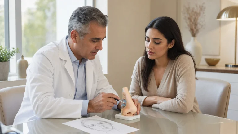 استشارة تجميل الأنف الأولية مع نموذج تشريحي للأنف