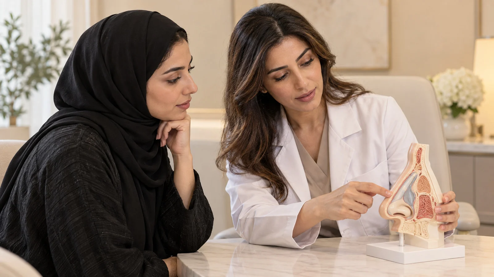 مريضة وطبيبة تراجعان نموذجًا تشريحيًا للأنف في تخطيط العملية التصحيحية.