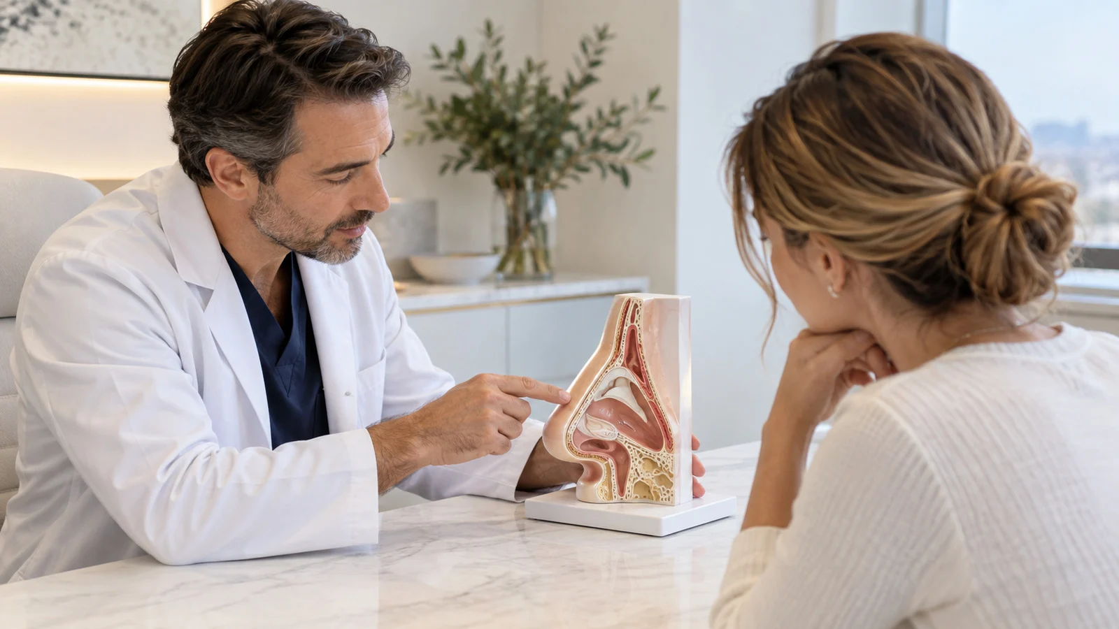 Clinician and patient reviewing a physical nasal anatomy model during revision-rhinoplasty planning.