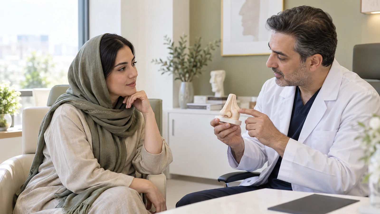 گفت‌وگوی آرام پزشک و بیمار دربارهٔ ارزیابی رینوپلاستی ترمیمی.