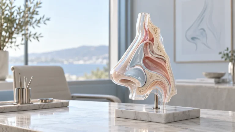 Editorial medical still life introducing a careful rhinoplasty consultation, with no patient result shown