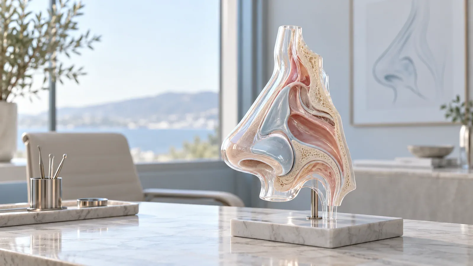 Editorial medical still life introducing a careful rhinoplasty consultation, with no patient result shown