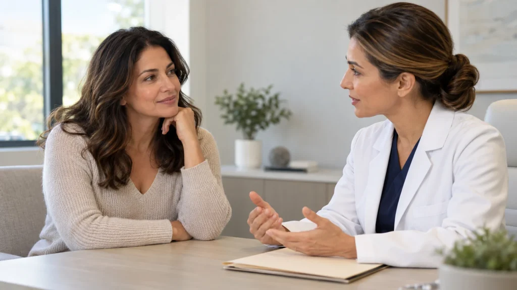 Postoperative follow-up consultation about blepharoplasty recovery