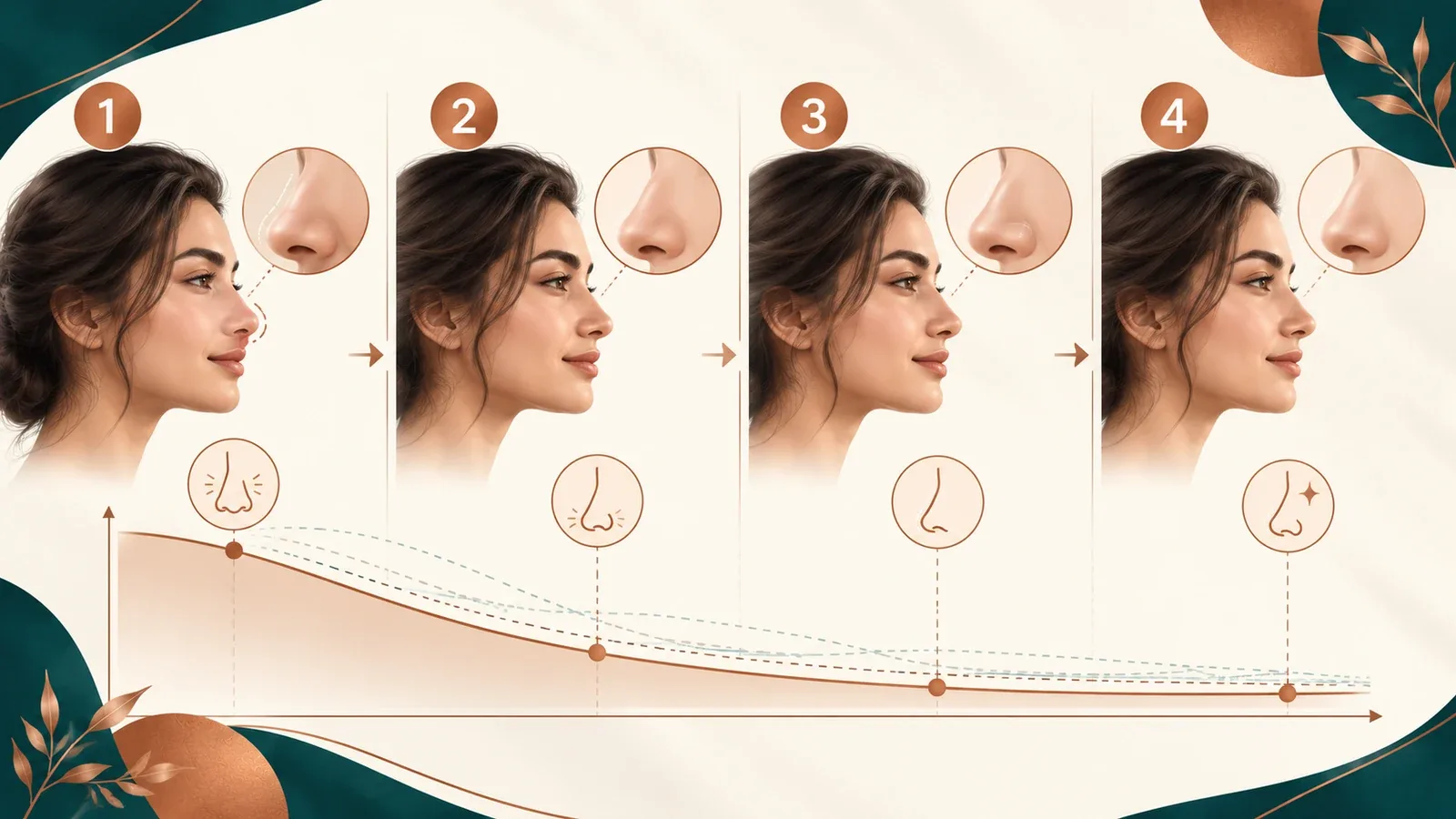 General visual timeline of swelling and gradual healing after rhinoplasty