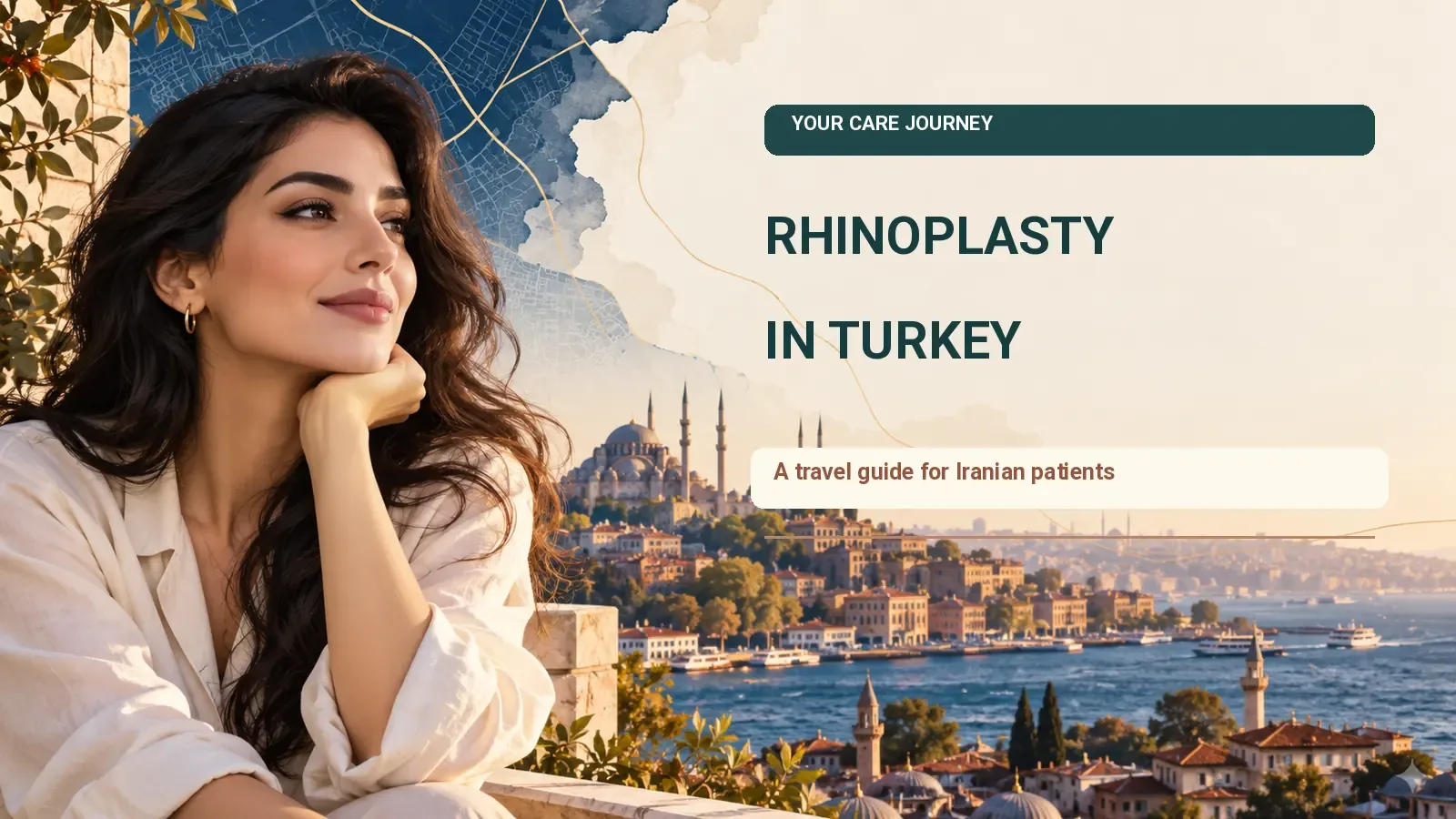 Illustrative portrait and Istanbul skyline for a guide to rhinoplasty travel for Iranians