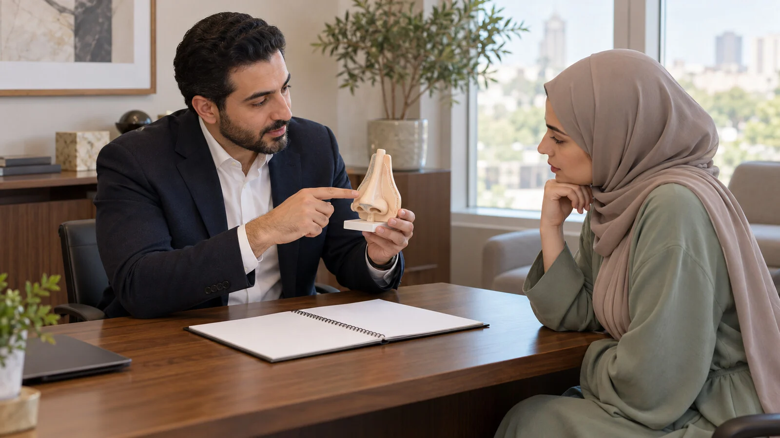 جرّاح ومريضة يناقشان خطة التعافي بعد تجميل الأنف باستخدام نموذج تعليمي غير جراحي للأنف