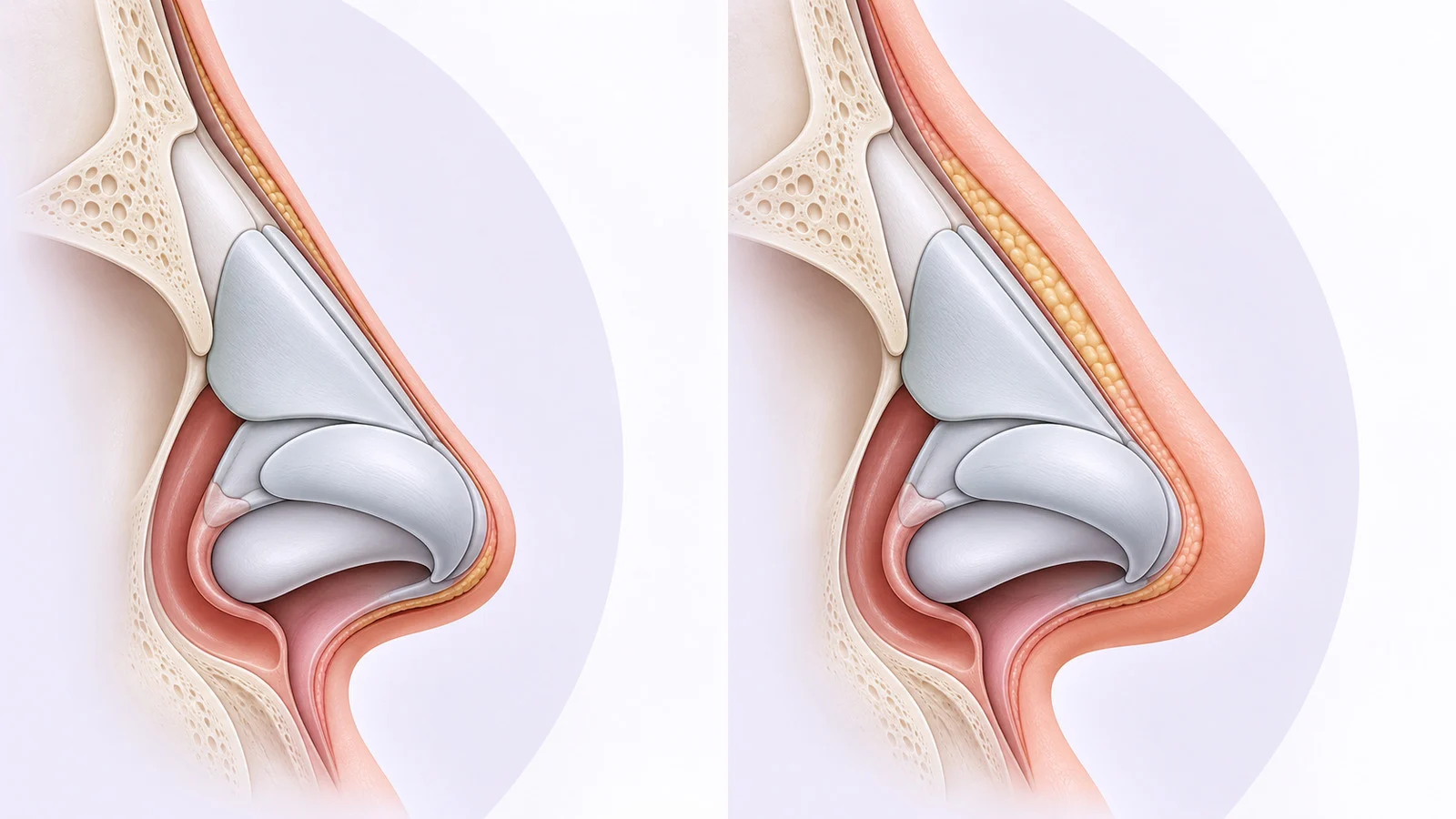 Two-panel medical infographic comparing thin and thick soft-tissue coverings over the same nasal framework